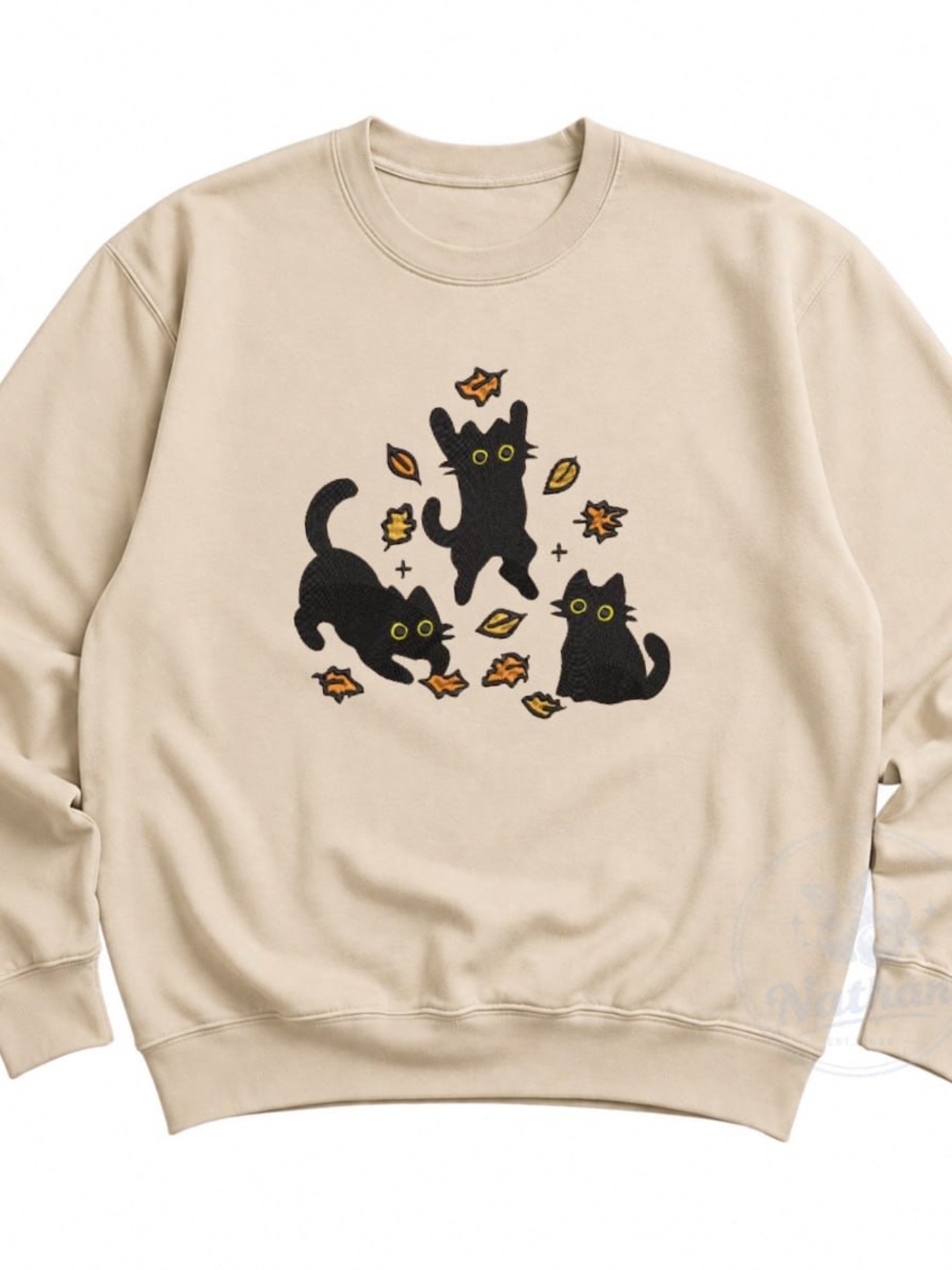 Sand Crewneck Sweatshirt with Black Cat Trio Graphic